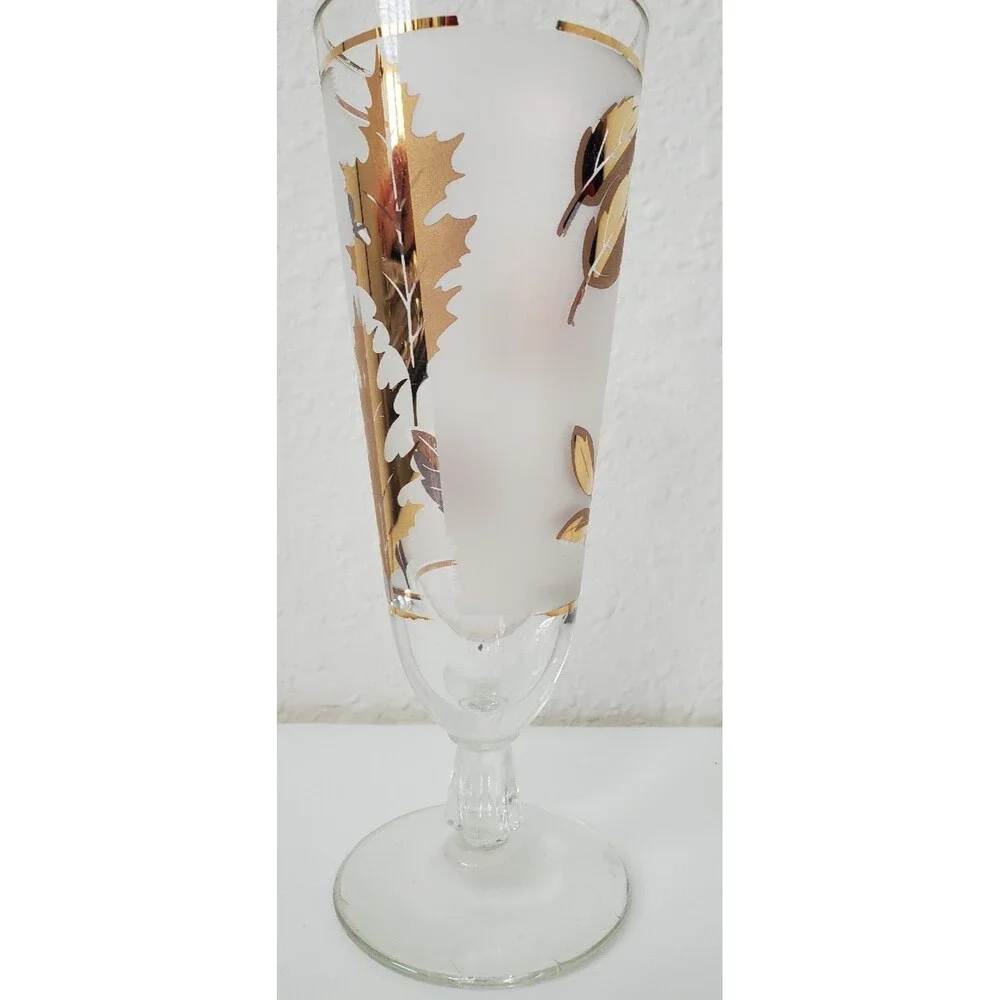 Libbey Gold Leaf Frosted Footed Pilsner Glass Vintage
